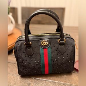 Black Small Top-Handle Satchel with Green-Red Stripe, New
